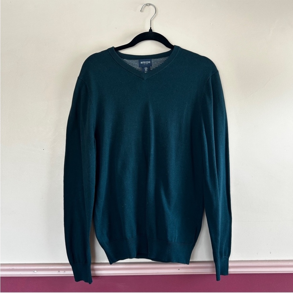British Khaki Deep Teal V-Neck Sweater